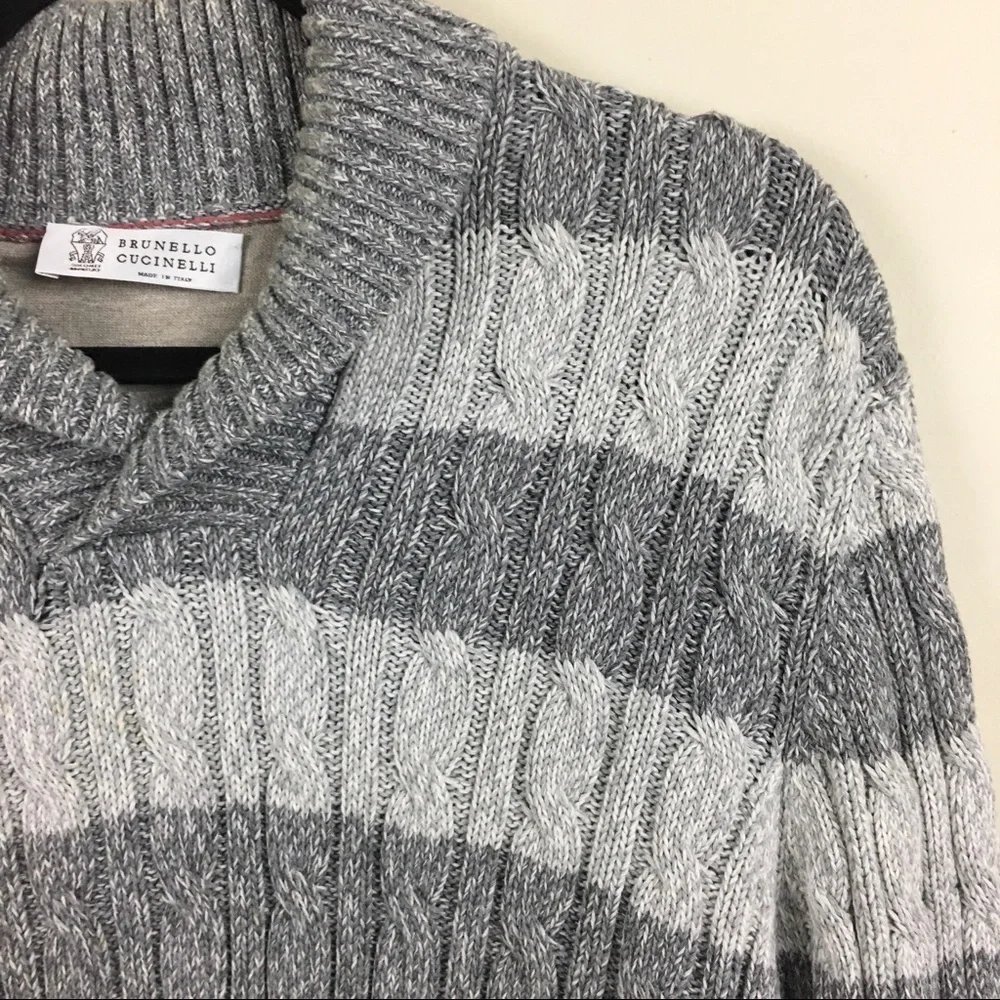 Brunello Cucinelli Men’s Gray‎ Striped Cable Knit Pullover Sweater